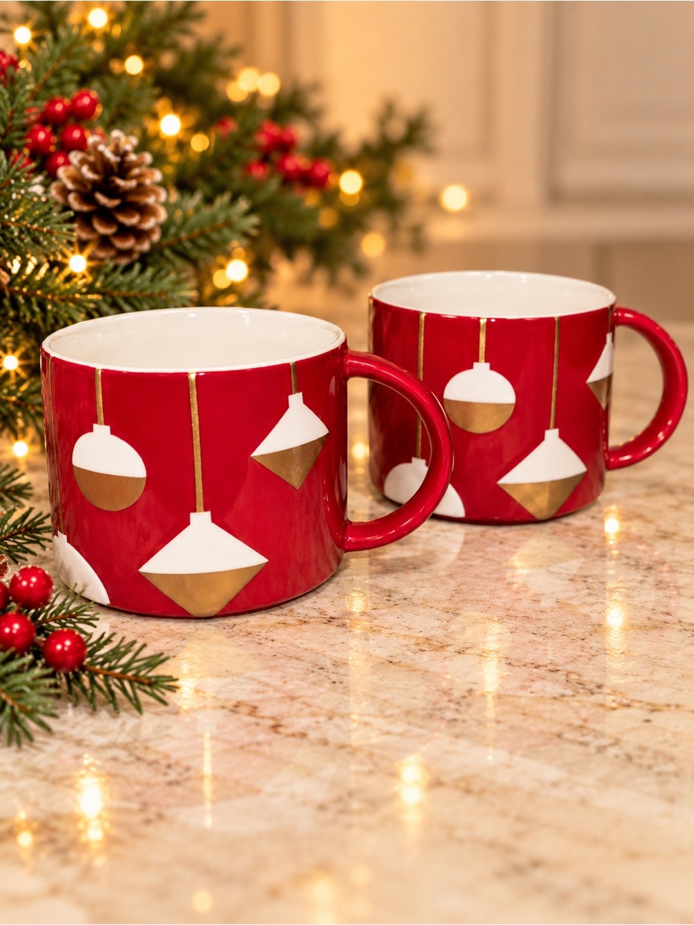 Starbucks 2012 Christmas Ornament Mugs Set of 2 Bone China Stackable 14 oz.